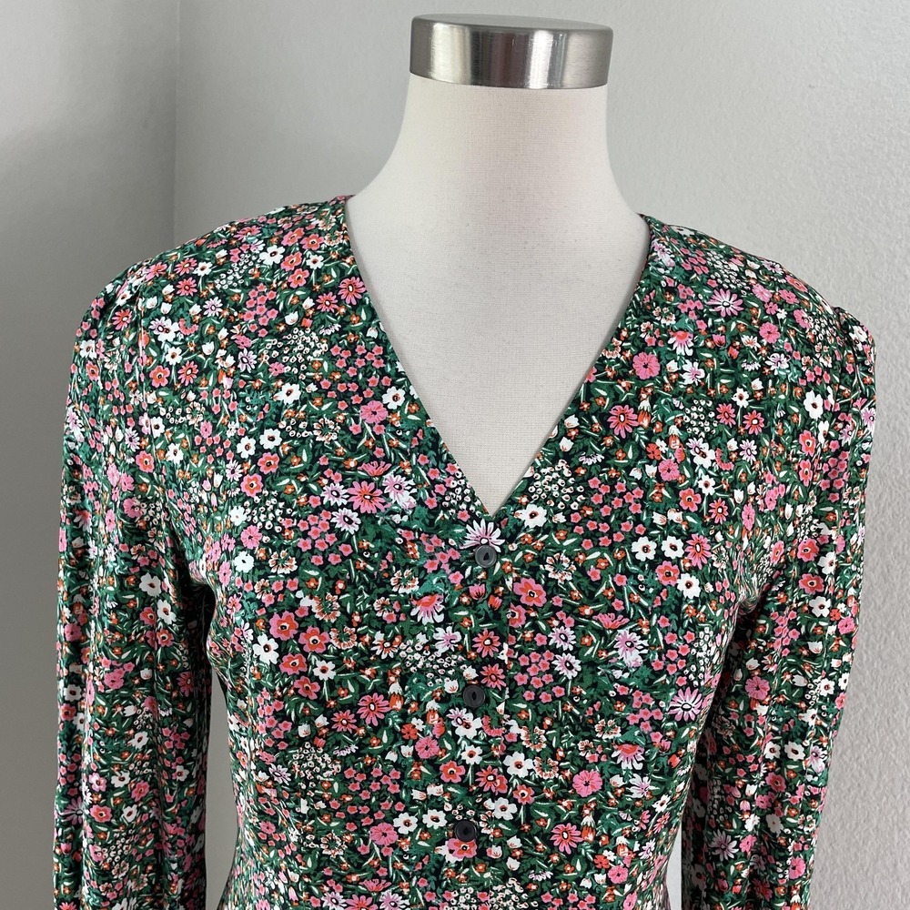 Uniqlo Dress Womens Small Green Floral V Neck Fit Flare Long Sleeve Pockets - Picture 2 of 11